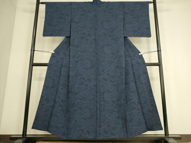 平和屋着物▽本藍 型絵染 小紋 単衣 風景花文 反端付き 正絹 逸品 DAAS0066az