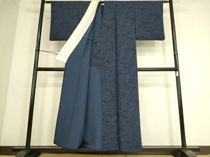 平和屋着物▽本藍 型絵染 小紋 単衣 風景花文 反端付き 正絹 逸品 DAAS0066az