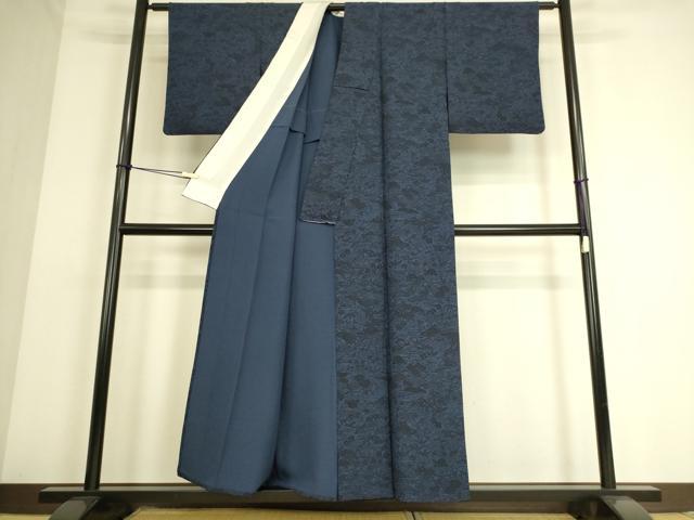 平和屋着物▽本藍 型絵染 小紋 単衣 風景花文 反端付き 正絹 逸品 DAAS0066az
