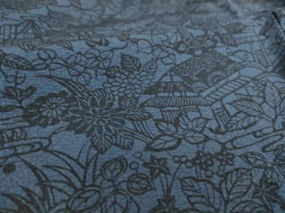 平和屋着物▽本藍 型絵染 小紋 単衣 風景花文 反端付き 正絹 逸品 DAAS0066az