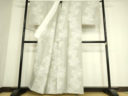 平和屋着物▽上質な紬 単衣 霞菊牡丹文 正絹 逸品 DAAS0076az