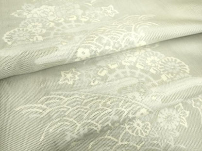 平和屋着物▽上質な紬 単衣 霞菊牡丹文 正絹 逸品 DAAS0076az