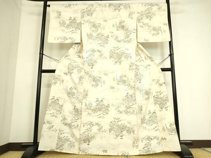 平和屋着物▽上質な紬　単衣　風景文　正絹　逸品　DAAS0123az