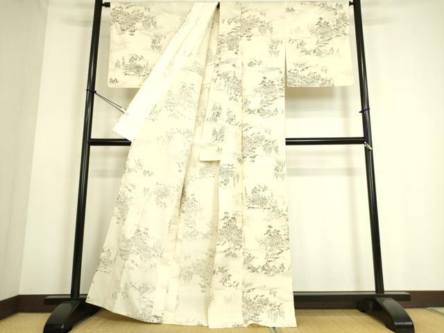 平和屋着物▽上質な紬　単衣　風景文　正絹　逸品　DAAS0123az