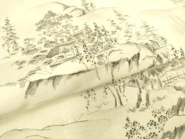 平和屋着物▽上質な紬　単衣　風景文　正絹　逸品　DAAS0123az