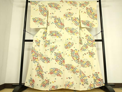 平和屋着物▽上質な小紋 単衣 型染 扇面花文 鬼しぼ縮緬 正絹 逸品 DAAS0124az