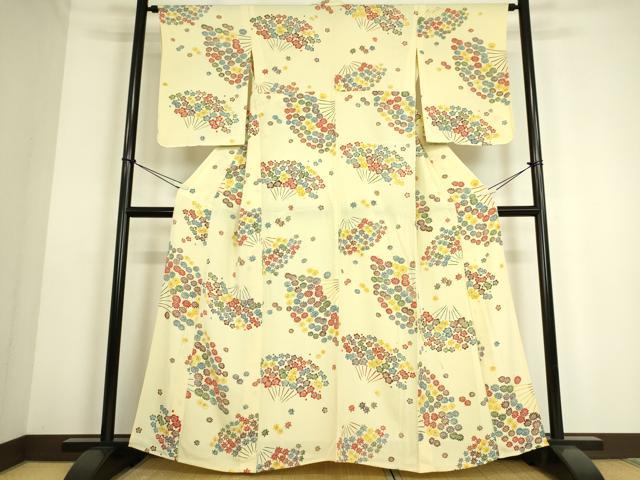 平和屋着物▽上質な小紋 単衣 型染 扇面花文 鬼しぼ縮緬 正絹 逸品 DAAS0124az