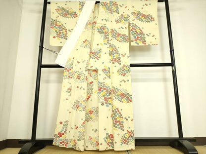 平和屋着物▽上質な小紋 単衣 型染 扇面花文 鬼しぼ縮緬 正絹 逸品 DAAS0124az