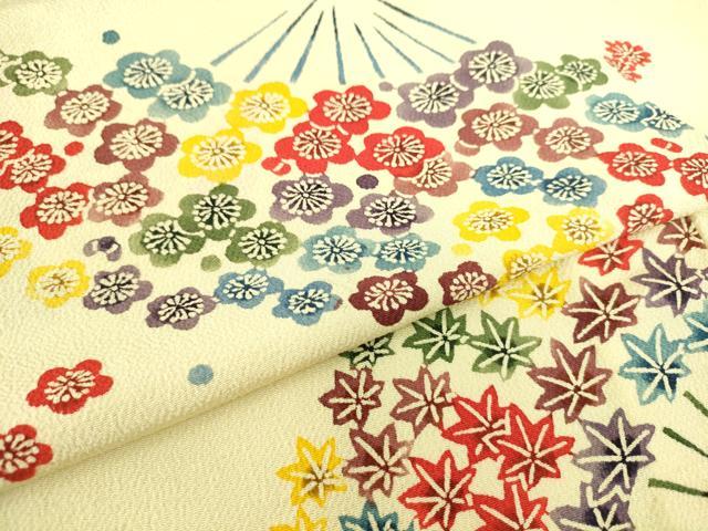 平和屋着物▽上質な小紋 単衣 型染 扇面花文 鬼しぼ縮緬 正絹 逸品 DAAS0124az