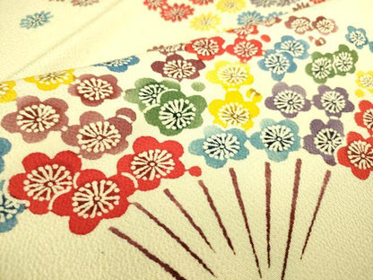 平和屋着物▽上質な小紋 単衣 型染 扇面花文 鬼しぼ縮緬 正絹 逸品 DAAS0124az