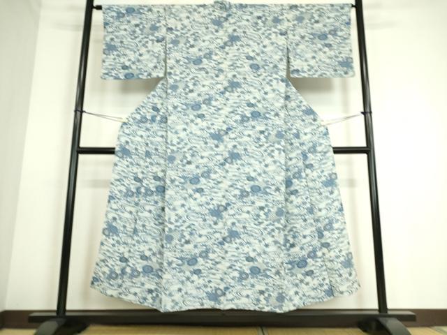 平和屋着物▽上質な小紋　単衣　藍　型染　流水花文　正絹　逸品　DAAS0145az