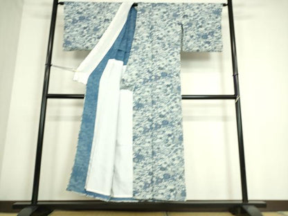 平和屋着物▽上質な小紋　単衣　藍　型染　流水花文　正絹　逸品　DAAS0145az