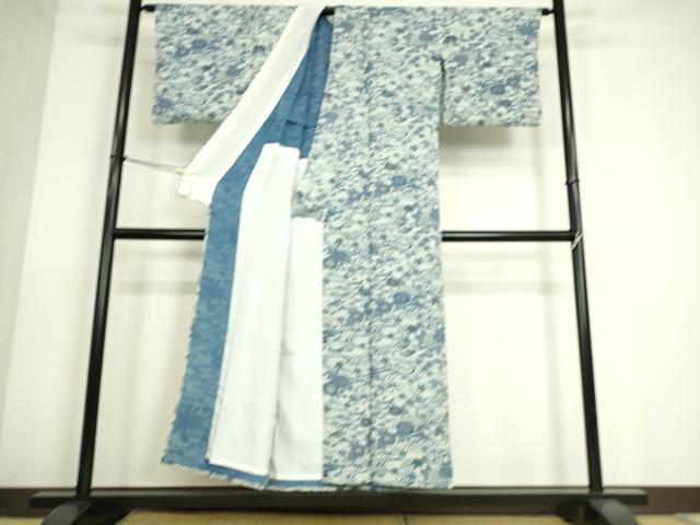 平和屋着物▽上質な小紋　単衣　藍　型染　流水花文　正絹　逸品　DAAS0145az