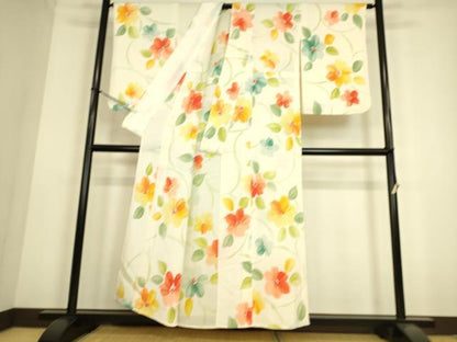 平和屋着物▽上質な小紋　単衣　草花文　手描き　鬼しぼ縮緬　正絹　逸品　DAAS0161az