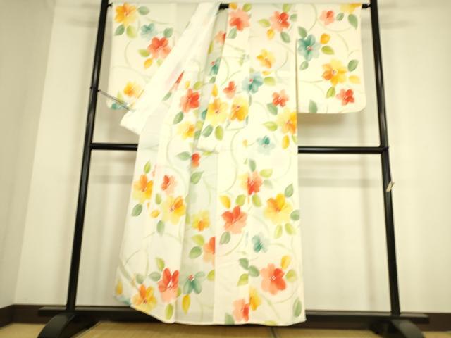 平和屋着物▽上質な小紋　単衣　草花文　手描き　鬼しぼ縮緬　正絹　逸品　DAAS0161az