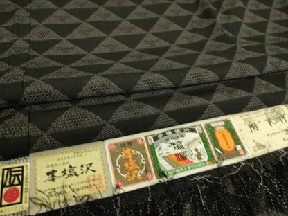 平和屋着物▽極上 男性 本塩沢 単衣 鱗文 黒地 南雲謹製 証紙・保証書付き 正絹 逸品 DAAS0211az