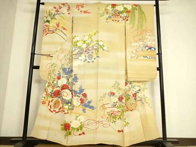 平和屋着物▽アンティーク 大正ロマン 振袖 単衣 刺繍 花車文 暈し染め 金彩 正絹 逸品 DAAS0240az