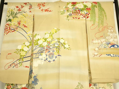 平和屋着物▽アンティーク 大正ロマン 振袖 単衣 刺繍 花車文 暈し染め 金彩 正絹 逸品 DAAS0240az