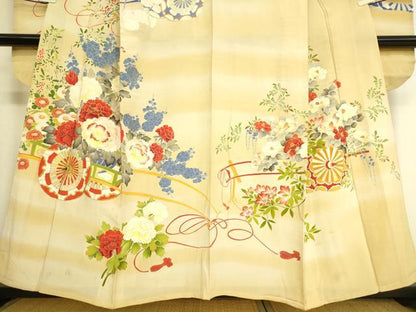 平和屋着物▽アンティーク 大正ロマン 振袖 単衣 刺繍 花車文 暈し染め 金彩 正絹 逸品 DAAS0240az