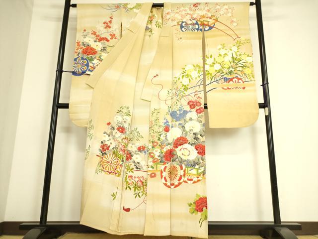 平和屋着物▽アンティーク 大正ロマン 振袖 単衣 刺繍 花車文 暈し染め 金彩 正絹 逸品 DAAS0240az
