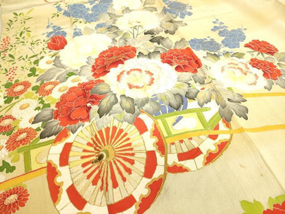 平和屋着物▽アンティーク 大正ロマン 振袖 単衣 刺繍 花車文 暈し染め 金彩 正絹 逸品 DAAS0240az