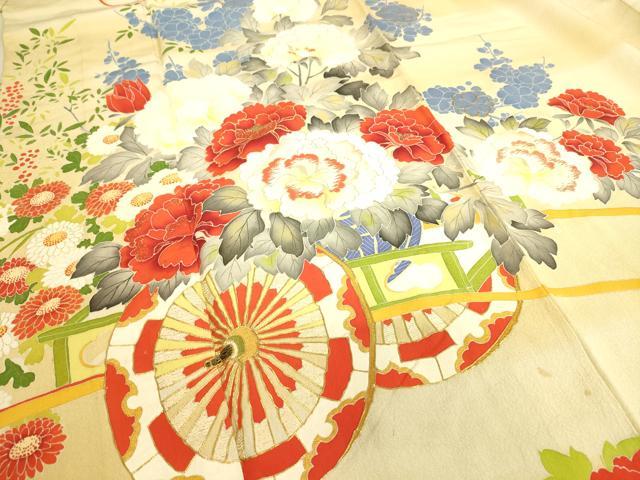 平和屋着物▽アンティーク 大正ロマン 振袖 単衣 刺繍 花車文 暈し染め 金彩 正絹 逸品 DAAS0240az
