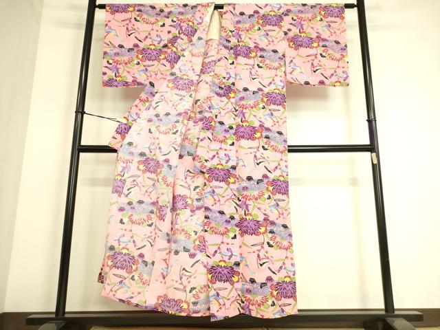 平和屋着物▽小紋 単衣 飛鳥花文 洗える着物 DAAS0241az