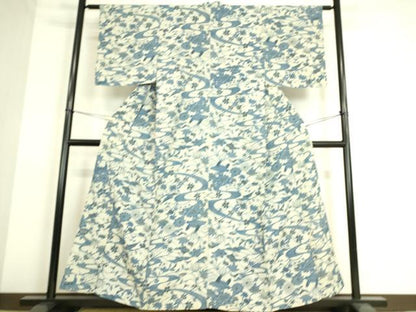 平和屋着物▽本藍 型染 小紋 単衣 流水花鳥文 正絹 逸品 DAAS0252az