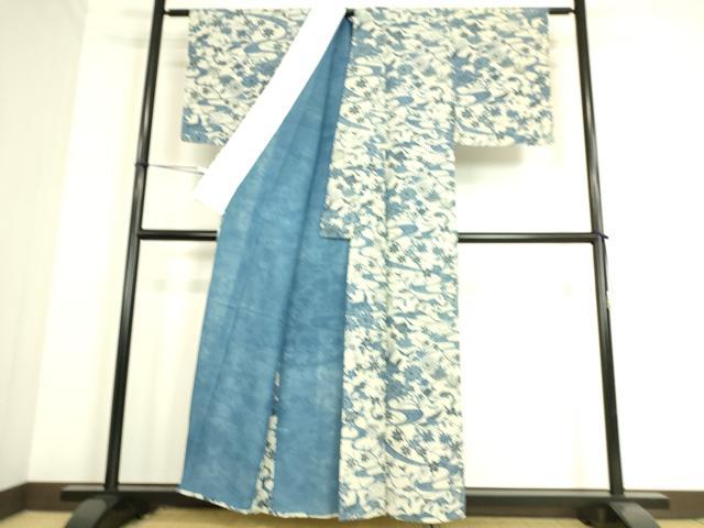 平和屋着物▽本藍 型染 小紋 単衣 流水花鳥文 正絹 逸品 DAAS0252az