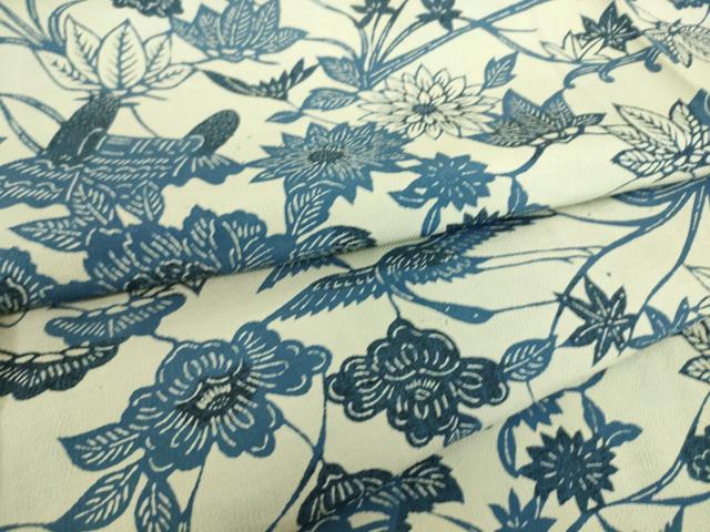 平和屋着物▽本藍 型染 小紋 単衣 流水花鳥文 正絹 逸品 DAAS0252az