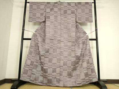 平和屋着物▽上質な紬　単衣　変わり市松文　正絹　逸品　DAAS0258az