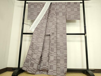 平和屋着物▽上質な紬　単衣　変わり市松文　正絹　逸品　DAAS0258az