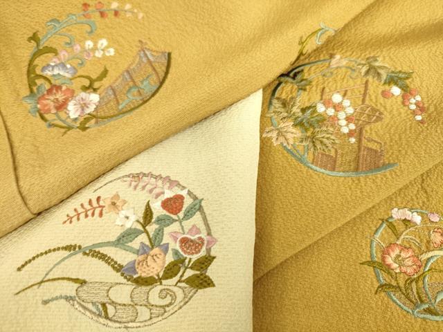平和屋着物▽訪問着 単衣 総刺繍 花丸文 暈し染め 金糸 正絹 逸品 DAAS0267az