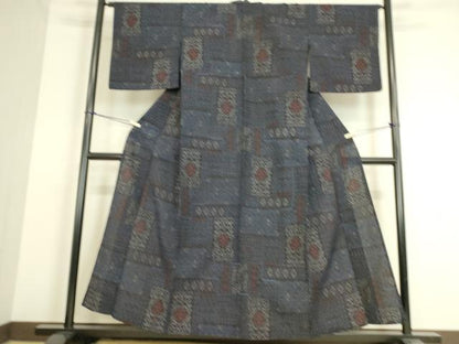 平和屋着物▽結城縮 単衣 幾何学花文 正絹 逸品 DAAS0271az