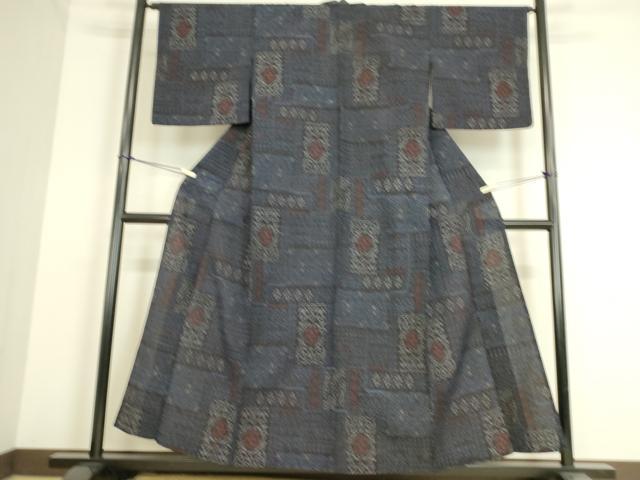 平和屋着物▽結城縮 単衣 幾何学花文 正絹 逸品 DAAS0271az