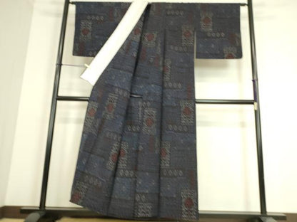 平和屋着物▽結城縮 単衣 幾何学花文 正絹 逸品 DAAS0271az