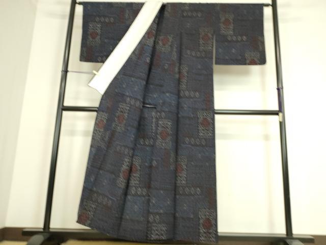 平和屋着物▽結城縮 単衣 幾何学花文 正絹 逸品 DAAS0271az