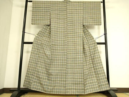 平和屋着物▽上質な紬 単衣 格子 正絹 逸品 DAAS0338az
