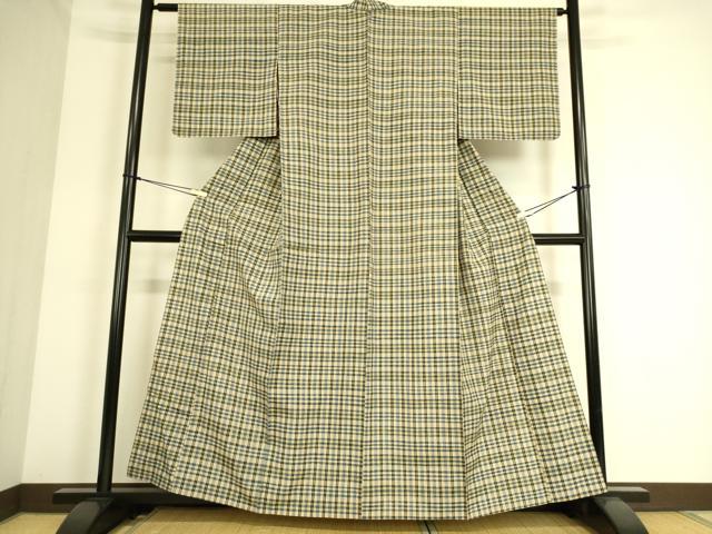 平和屋着物▽上質な紬 単衣 格子 正絹 逸品 DAAS0338az