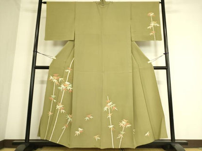 平和屋着物▽訪問着 単衣 駒刺繍 笹竹文 金彩 正絹 逸品 DAAS0440az