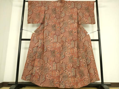 平和屋着物▽上質な小紋　単衣　亀甲花蝶文　鬼しぼ縮緬　正絹　逸品　DAAS0479az