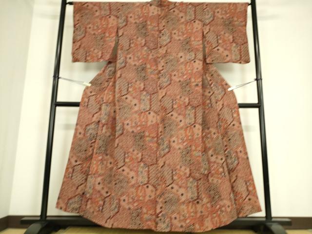平和屋着物▽上質な小紋　単衣　亀甲花蝶文　鬼しぼ縮緬　正絹　逸品　DAAS0479az