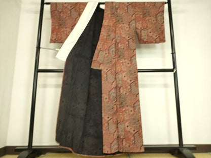 平和屋着物▽上質な小紋　単衣　亀甲花蝶文　鬼しぼ縮緬　正絹　逸品　DAAS0479az