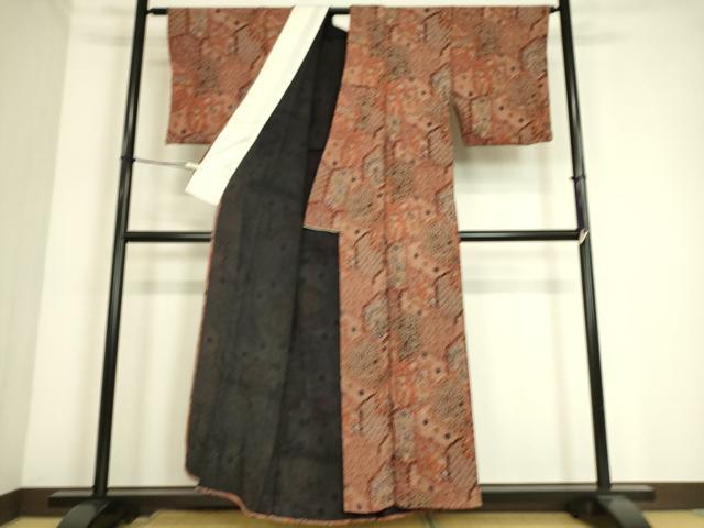 平和屋着物▽上質な小紋　単衣　亀甲花蝶文　鬼しぼ縮緬　正絹　逸品　DAAS0479az