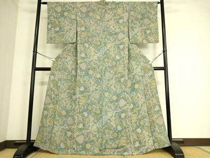 平和屋着物▽上質な小紋　単衣　更紗花文　鬼しぼ縮緬　反端付き　正絹　逸品　DABF2925fe
