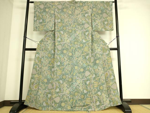 平和屋着物▽上質な小紋　単衣　更紗花文　鬼しぼ縮緬　反端付き　正絹　逸品　DABF2925fe
