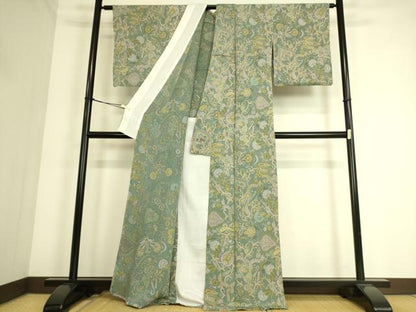 平和屋着物▽上質な小紋　単衣　更紗花文　鬼しぼ縮緬　反端付き　正絹　逸品　DABF2925fe