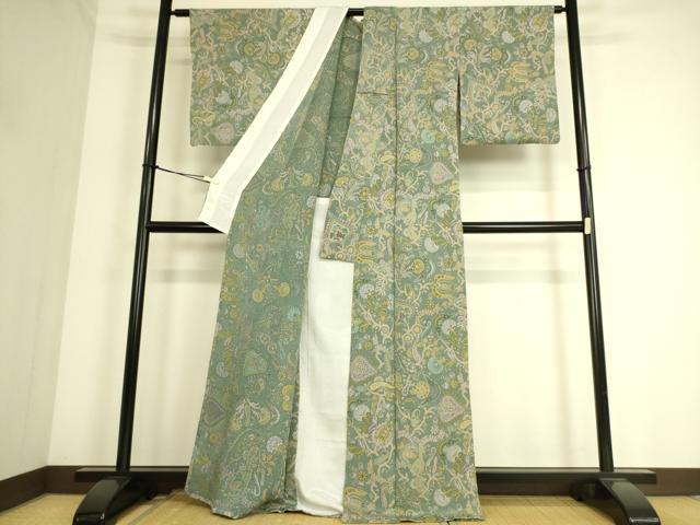 平和屋着物▽上質な小紋　単衣　更紗花文　鬼しぼ縮緬　反端付き　正絹　逸品　DABF2925fe