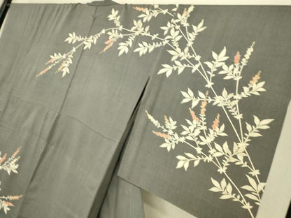 平和屋着物▽訪問着 単衣 紬地 駒刺繍 枝花文 正絹 逸品 DAAS0515az