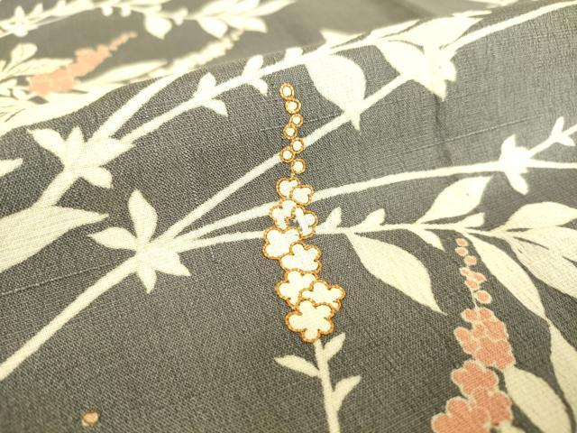 平和屋着物▽訪問着 単衣 紬地 駒刺繍 枝花文 正絹 逸品 DAAS0515az